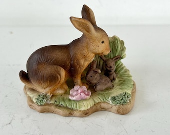Vintage Easter decor -- small ceramic bunny with baby bunnies in garden by Enesco Korea 1980s