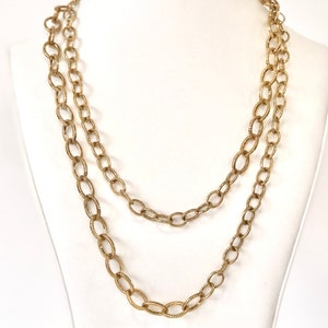 Vintage long chain necklace 2 different brass etched chains 22” drop