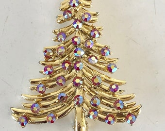 Vintage Christmas pin brooch Christmas tree with red pink AB rhinestones by Dodds