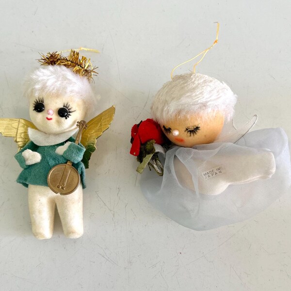 2 vintage Christmas ornaments flocked angels with foil paper tinsel netting dramatic eyelashes Japan midcentury