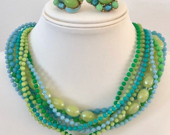 Vintage necklace and earrings plastic beads in yellow blues greens and enamel 9 strands beautiful clasp midcentury