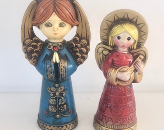 2 vintage Christmas angels of papier paper mache blue red gold Norleans Japan