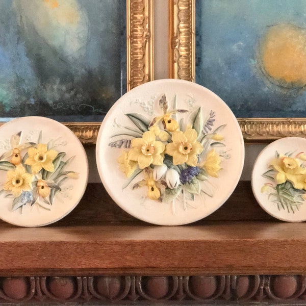 3 vintage Napco plates with hand painted daffodil relief design small medium large midcentury spring decor