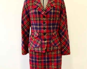 Vintage Tahari red plaid tweed boucle jacket blazer and skirt 12