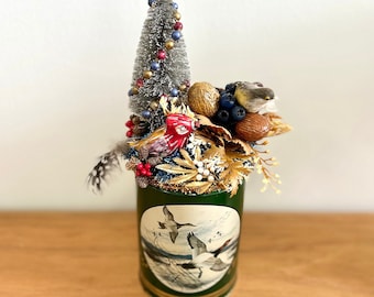 Vintage fall autumn Thanksgiving assemblage arrangement bottlebrush tree plastic bird nuts berries jewelry glass bird on wild rice metal can