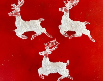 3 vintage Christmas clear lucite sugared reindeer ornaments 1970s