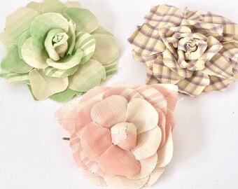 Vintage pins brooches corsages taffeta fabric flowers pink purple green stripes plaid Sold Individually