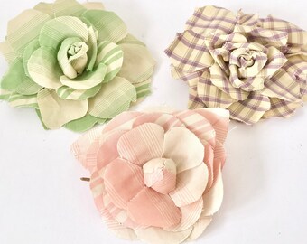 Vintage Easter Mother's Day spring pins brooches corsages taffeta fabric flowers pink purple green stripes plaid Sold Individually