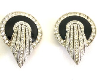 Vintage earrings Art Deco 89 large black enamel and clear rhinestones clip on earrings rare