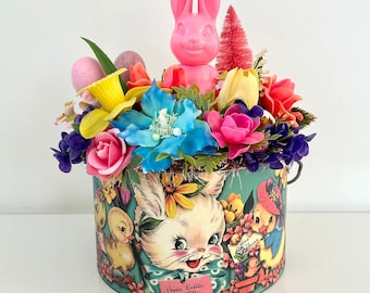 Large vintage Easter assemblage arrangement pink rabbit bottlebrush tree plastic flowers in retro tin bucket