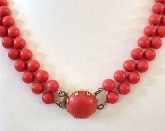 Vintage necklace dark coral plastic beads 2 strands midcentury