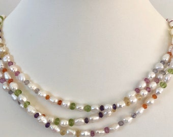 Pearl necklace 3 strands of freshwater pearls with mystic pink topaz peridot citrine carnelian amethyst beads