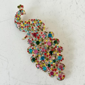 Vintage pin brooch and pendant large peacock in multi-colored rhinestones