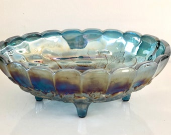 Vintage blue Harvest Grapes carnival glass oval footed bowl 2211 Indiana Glass