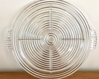 Vintage Manhattan ware Art Deco clear glass concentric ribbed round serving tray by Anchor Hocking 1940s