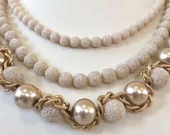 Vintage necklace 3 strands champagne beige white gold sugar beads with gold tone chain West Germany midcentury