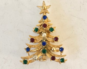 Vintage Christmas pin brooch Christmas tree gold tone with red green blue clear rhinestones midcentury Christmas holiday pin