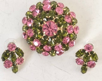 Vintage dome brooch pin and earrings with pink and olivine green rhinestones midcentury