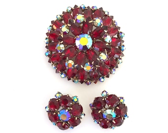 Vintage pin brooch and earrings dome red aurora borealis rhinestones midcentury