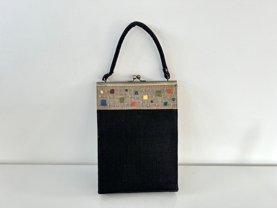 Vintage black linen purse hand bag with brown top… - image 1