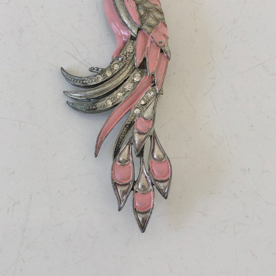 Vintage pin brooch long bird pink enamel clear rh… - image 2