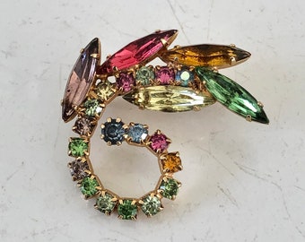 Vintage pin brooch small rhinestone spray with watermelon colors of green red purple gold blue