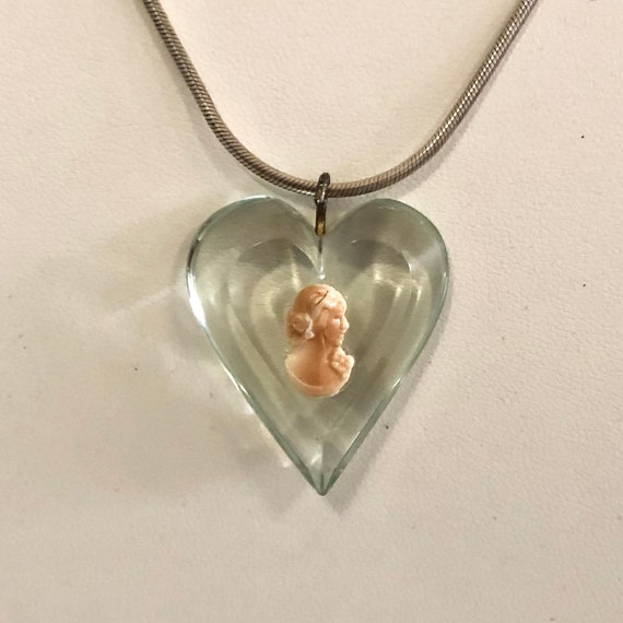 Vintage lucite pendant plastic heart cameo transl… - image 2