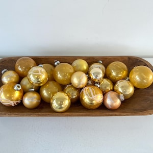 24 vintage Christmas gold glass ball ornaments – large, medium, small in solid & stenciled designs