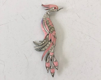 Vintage pin brooch long bird pink enamel clear rhinestones pot metal