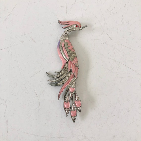 Vintage pin brooch long bird pink enamel clear rh… - image 1