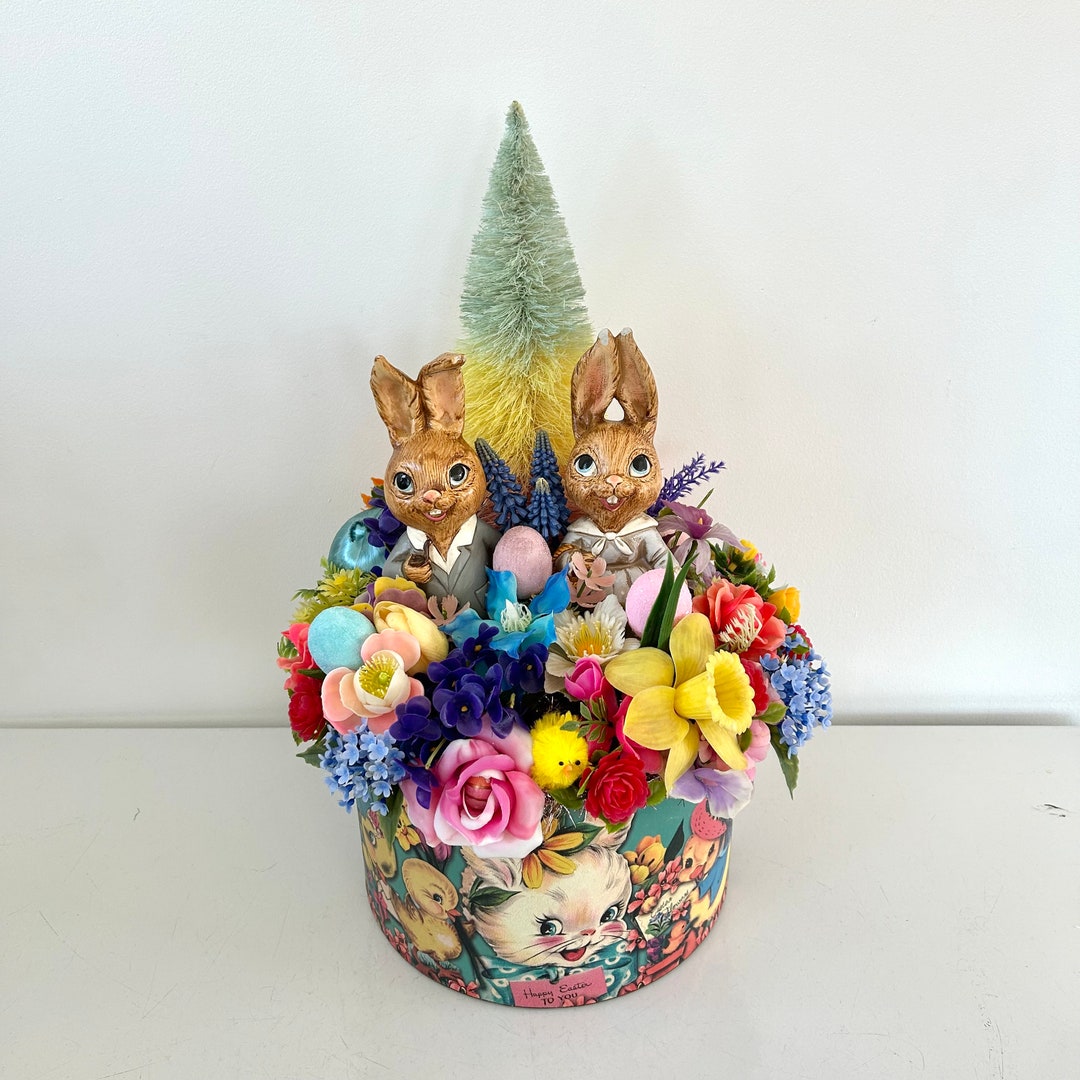 Large Vintage Easter Centerpiece -- Papier Mache Bunnies, Bottlebrush ...