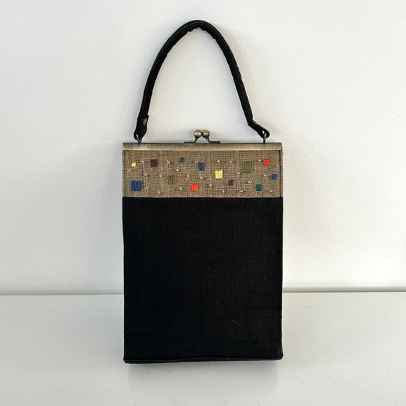 Vintage black linen purse hand bag with brown top… - image 3