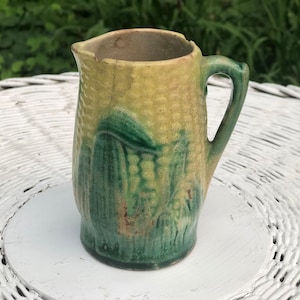 Small vintage antique majolica corn pitcher 4 x 4 yellow and green fall Thanksgiving decor