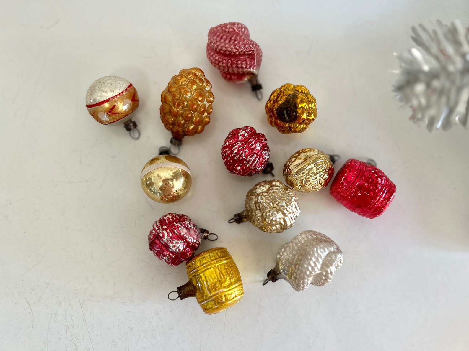 12 antique vintage Christmas feather tree small glass balls ornaments bumpy balls acorn barrels fruit (F-03)