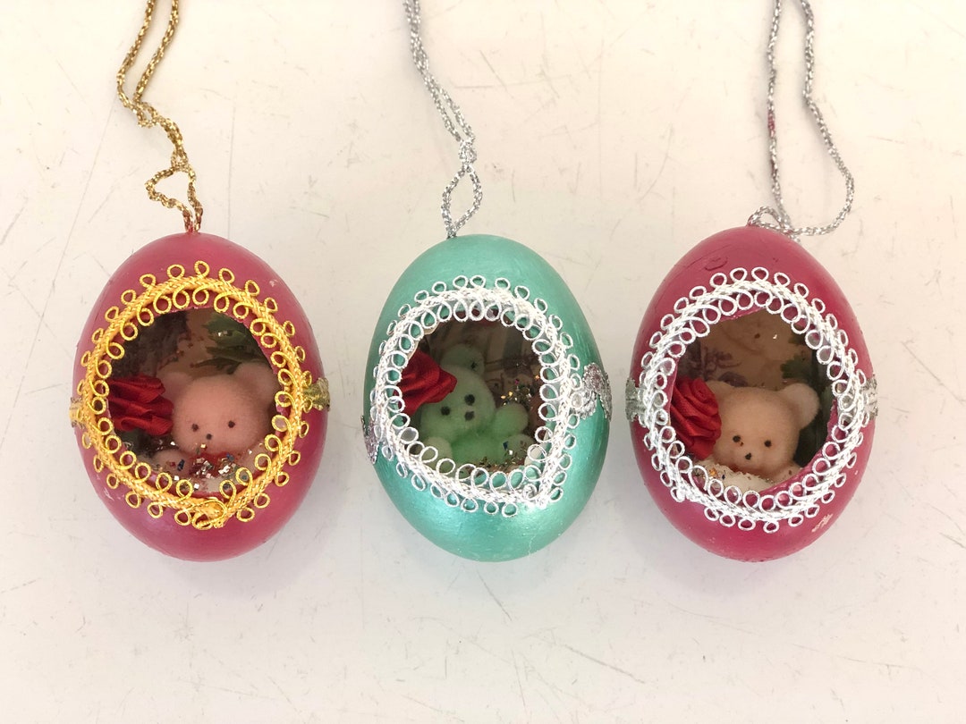 3 Vintage Christmas Egg Diorama Ornaments With Teddy Bears Maroon