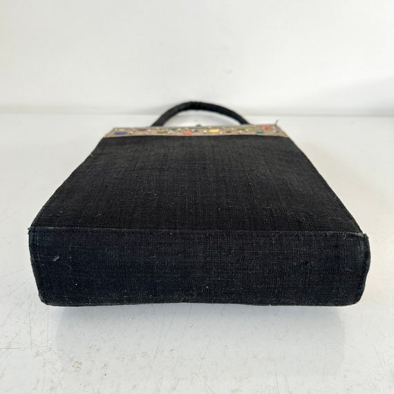 Vintage black linen purse hand bag with brown top… - image 7