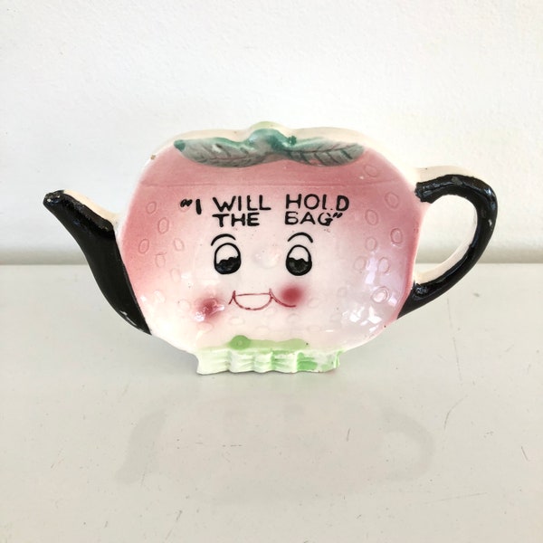 Vintage anthropomorphic pink tea bag holder made in Japan midcentury kitsch 1950s  (P02)