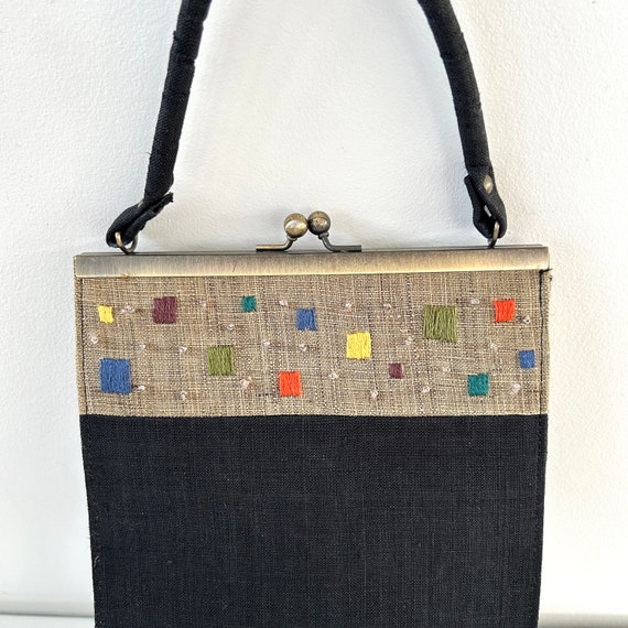 Vintage black linen purse hand bag with brown top… - image 2