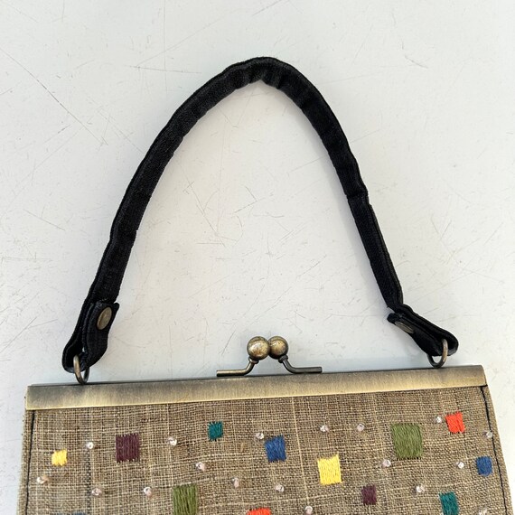 Vintage black linen purse hand bag with brown top… - image 5