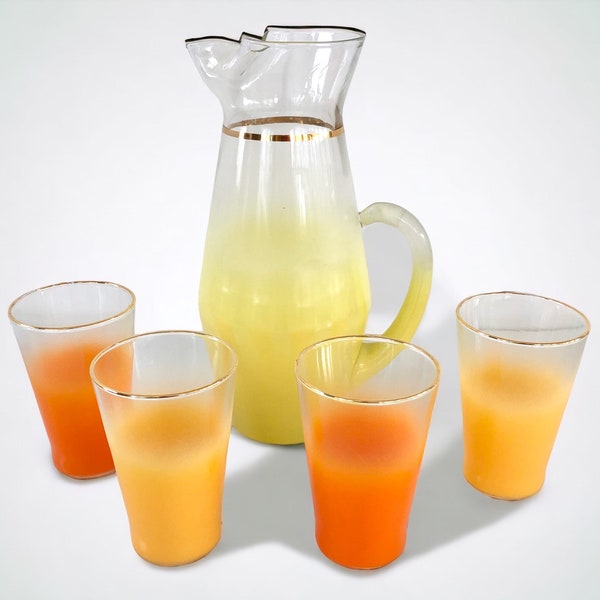 5 piece vintage Blendo set juice water cocktail pitcher and 4 cups yellow orange midcentury Hard to Find Size