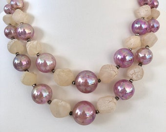 Vintage lucite necklace 2 strands pink lavender cream beads midcentury