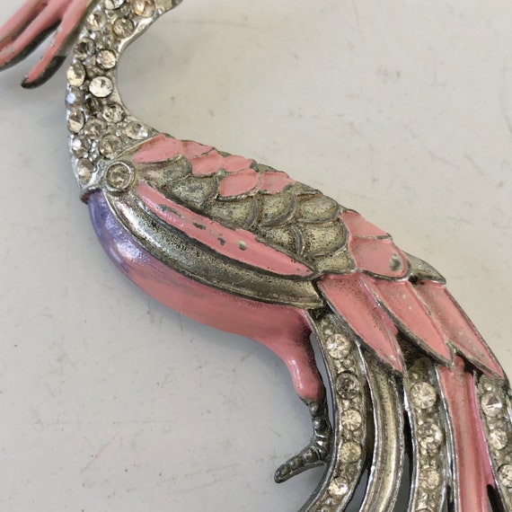 Vintage pin brooch long bird pink enamel clear rh… - image 4