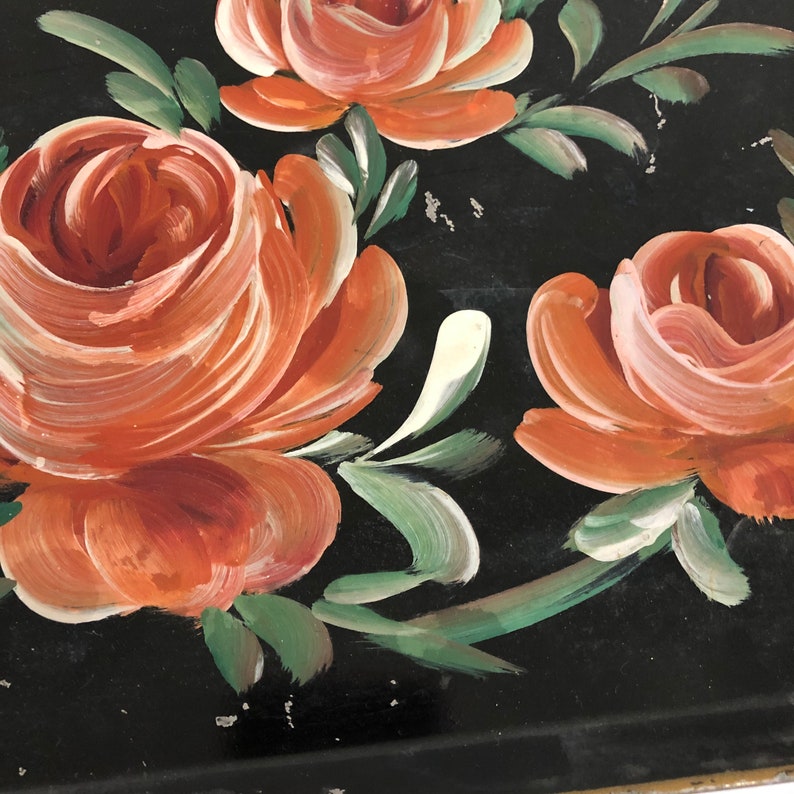 Vintage black tole metal tray with pink and white flowers and gold handles