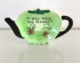 Vintage anthropomorphic green tea bag holder made in Japan midcentury kitsch 1950s