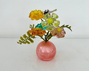 Small vintage lucite bubble vase with lucite flowers and chenille bumblebee 1970s