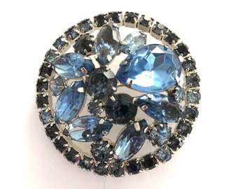 Vintage brooch pin round with prong set blue and sapphire rhinestones