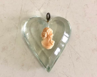 Vintage lucite pendant plastic heart cameo translucent pale green and off white midcentury