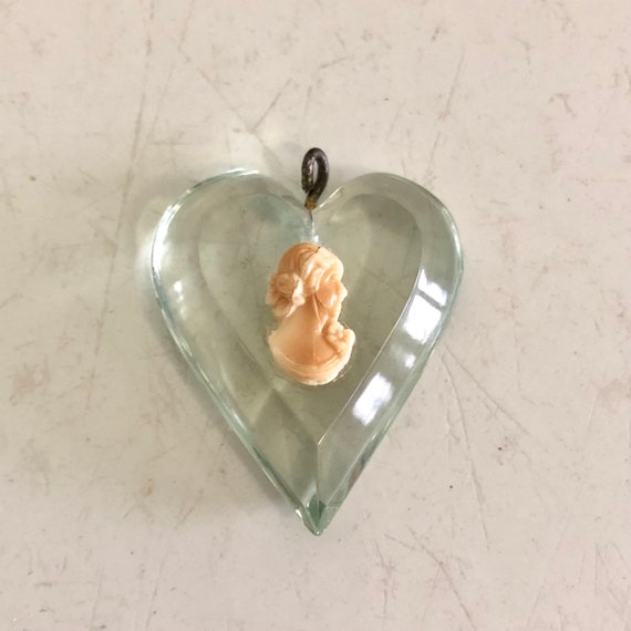 Vintage lucite pendant plastic heart cameo transl… - image 1