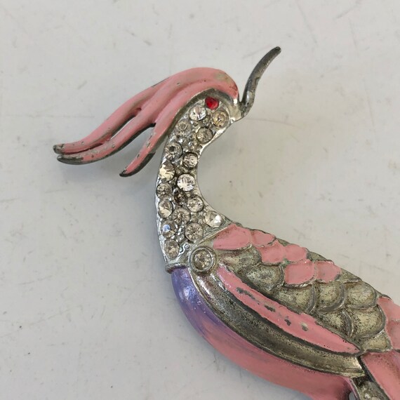 Vintage pin brooch long bird pink enamel clear rh… - image 3