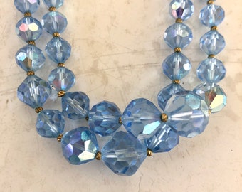 Vintage necklace 2 strands of faceted blue glass round beads